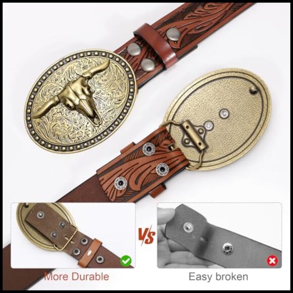 Western Leather Belt with Bull Buckle for Jeans main image 6